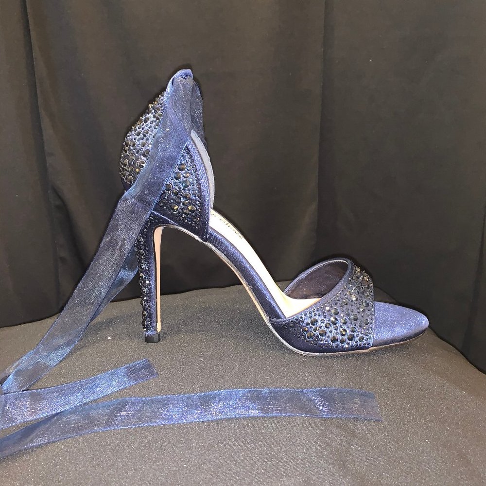 sleek blue shoe w/ black crystal stones